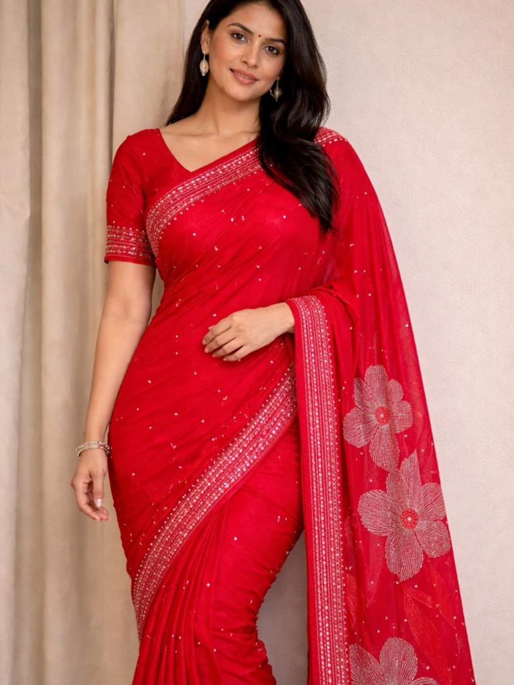 Indian Red Embellished silk Saree with sequin work Floral Pallu